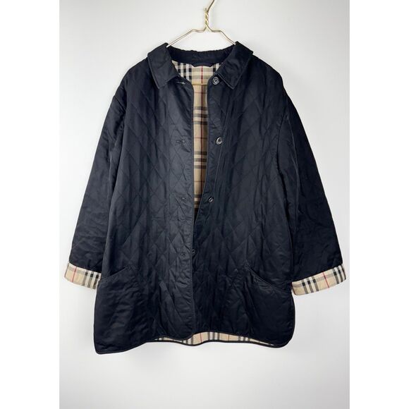 Burberry London Quilted Jacket Black Nova Check Button Women’s Size  XL - Picture 1 of 9